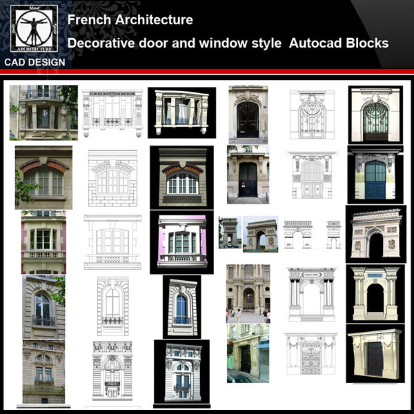 ★【French Architecture Style Design】French architecture · Decorative door and window style CAD Drawings - CAD Design | Download CAD Drawings | AutoCAD Blocks | AutoCAD Symbols | CAD Drawings | Architecture Details│Landscape Details | See more about AutoCAD, Cad Drawing and Architecture Details