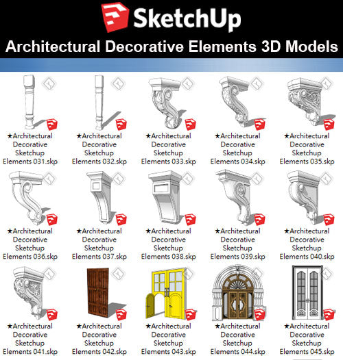 【Sketchup 3D Models】25 Types of Architectural Decorative Elements Sketchup models V.2 - CAD Design | Download CAD Drawings | AutoCAD Blocks | AutoCAD Symbols | CAD Drawings | Architecture Details│Landscape Details | See more about AutoCAD, Cad Drawing and Architecture Details