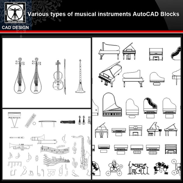 ★【Various types of musical instruments Autocad Blocks】All kinds of musical instruments CAD blocks Bundle - CAD Design | Download CAD Drawings | AutoCAD Blocks | AutoCAD Symbols | CAD Drawings | Architecture Details│Landscape Details | See more about AutoCAD, Cad Drawing and Architecture Details