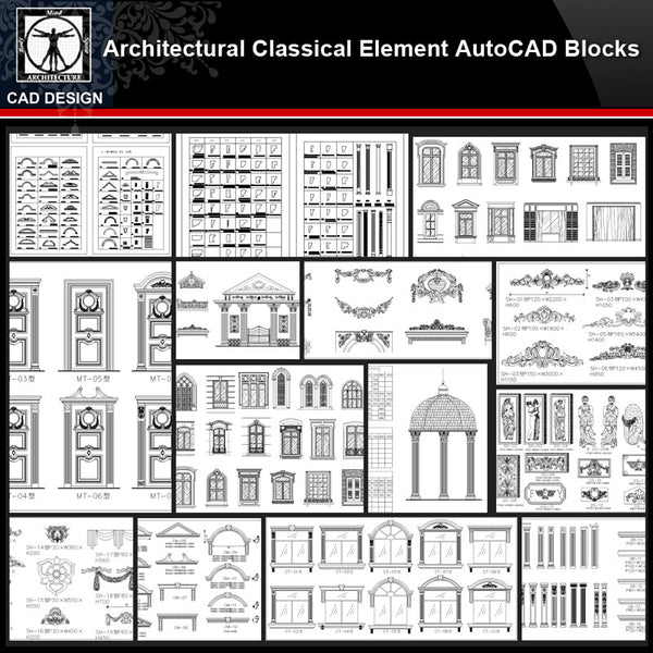 ★【Architectural Classical Element Autocad Blocks V.1】All kinds of architecture decorations CAD blocks Bundle - CAD Design | Download CAD Drawings | AutoCAD Blocks | AutoCAD Symbols | CAD Drawings | Architecture Details│Landscape Details | See more about AutoCAD, Cad Drawing and Architecture Details