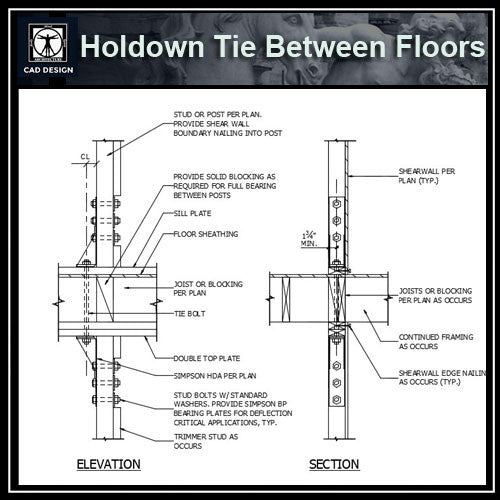Free CAD Details-Holdown Tie Between Floors - CAD Design | Download CAD Drawings | AutoCAD Blocks | AutoCAD Symbols | CAD Drawings | Architecture Details│Landscape Details | See more about AutoCAD, Cad Drawing and Architecture Details