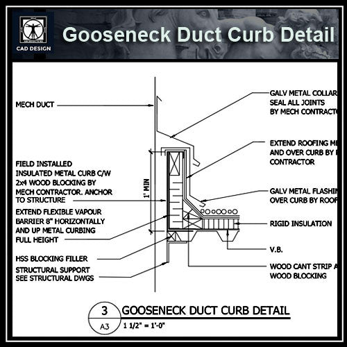 Free CAD Details-Gooseneck Duct Curb Detail - CAD Design | Download CAD Drawings | AutoCAD Blocks | AutoCAD Symbols | CAD Drawings | Architecture Details│Landscape Details | See more about AutoCAD, Cad Drawing and Architecture Details