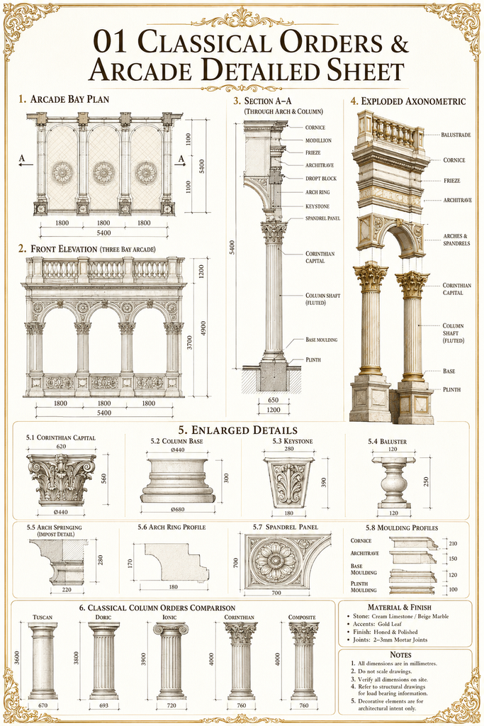 Arcade, Balustrade & Heraldic Ornament Details | CAD Reference Guide