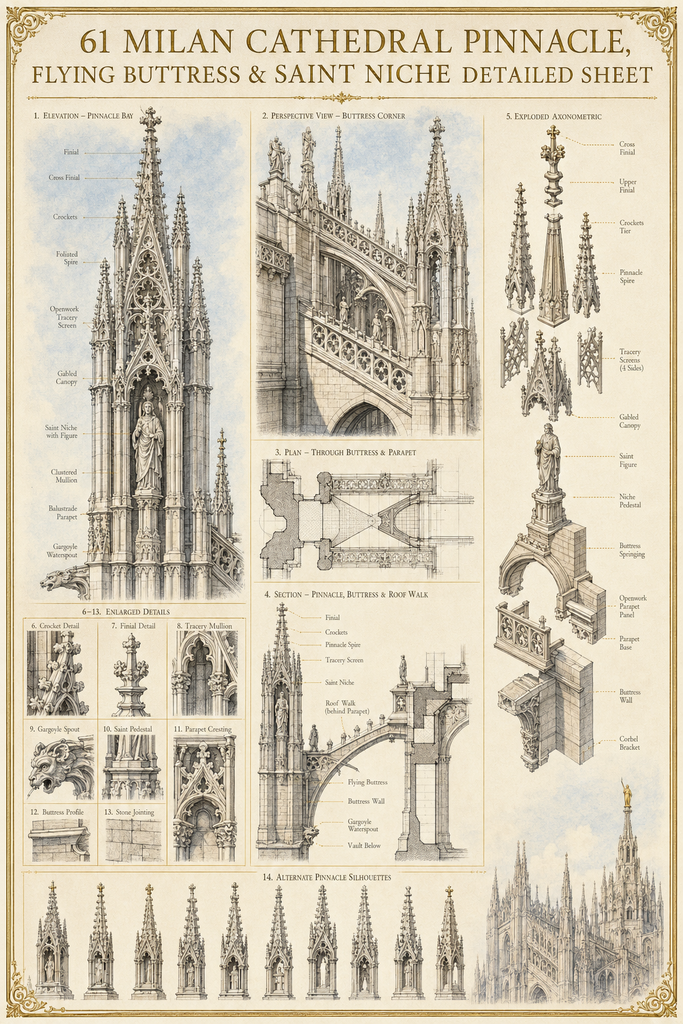 Milan Cathedral Pinnacle & Eiffel Tower Base Arch Details | Gothic & Iron Structure CAD Reference