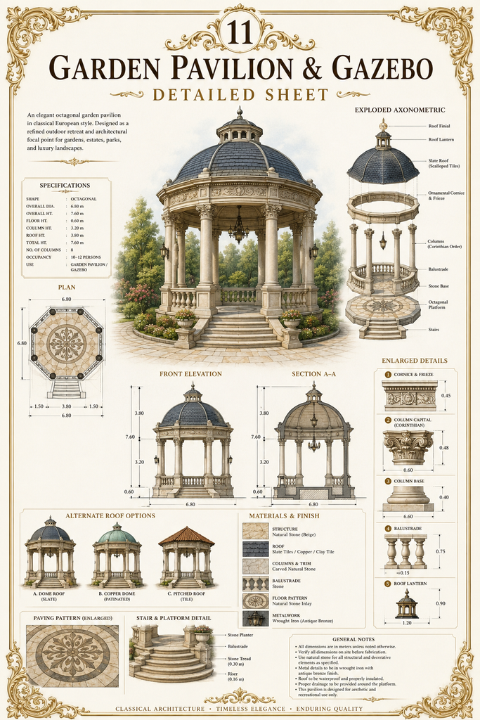 Garden Pavilion, Gazebo & Wrought Iron Gate Details | Classical Landscape CAD Reference