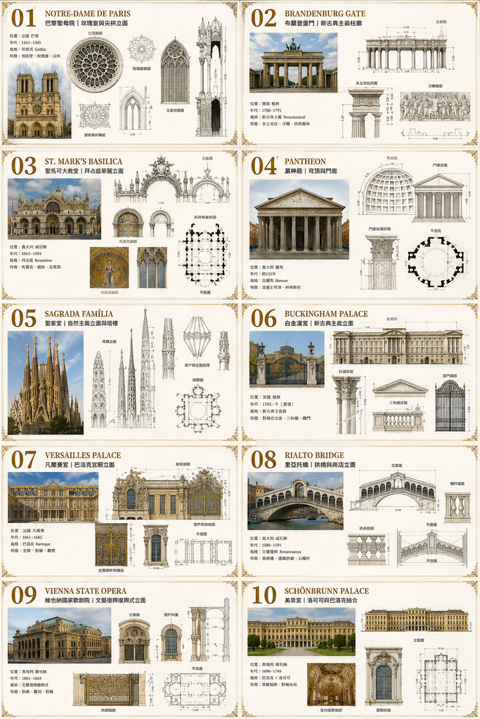 European Landmark CAD Detail Overview Sheets | Notre-Dame, Brandenburg Gate, St. Mark's & More