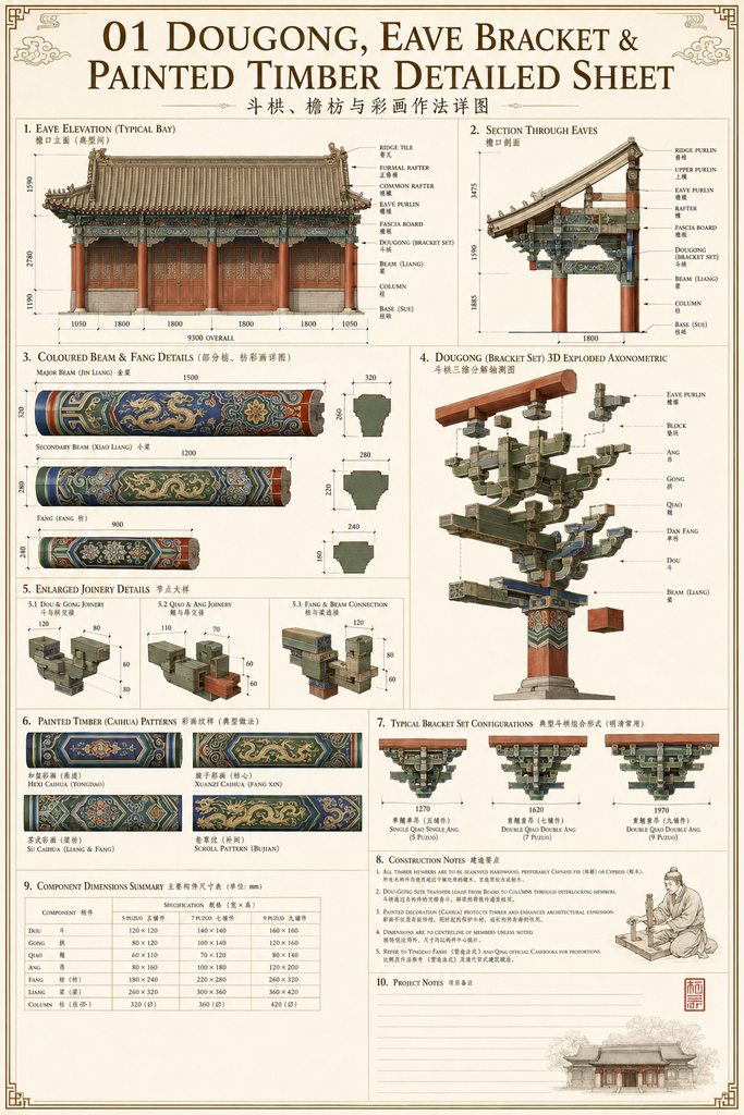 中式斗拱、彩畫、柱礎與須彌座細部圖集 | Chinese Bracket Sets, Painted Beams, Column Bases & Sumeru Throne CAD Details