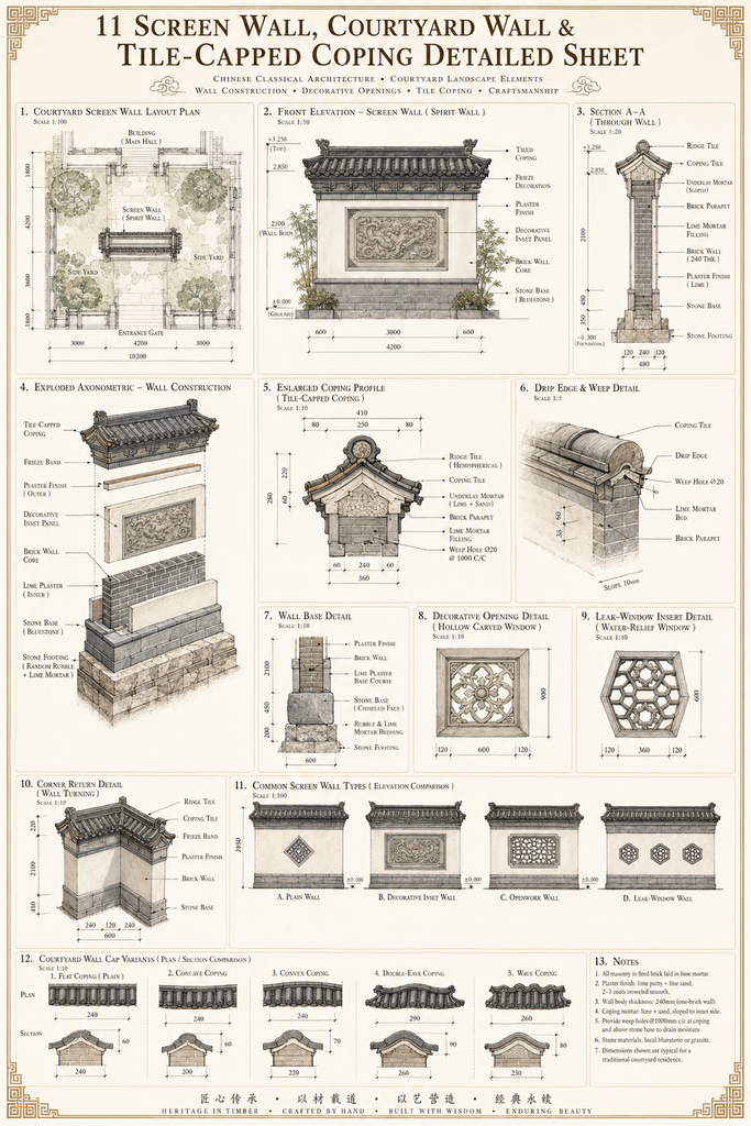 影壁、院牆、瓦頂收邊與木樓梯細部圖集 | Spirit Wall, Courtyard Wall, Roof Tile Edge & Timber Stair CAD Details