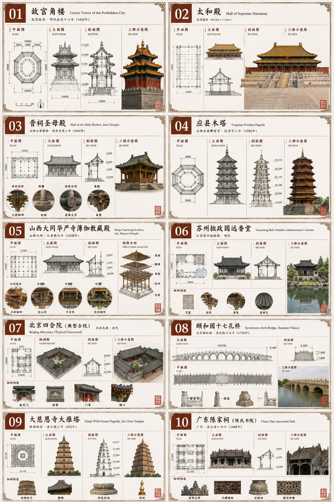 故宮角樓與太和殿完整 CAD 細部圖集：平面、立面、斗栱、台基、彩畫全解析