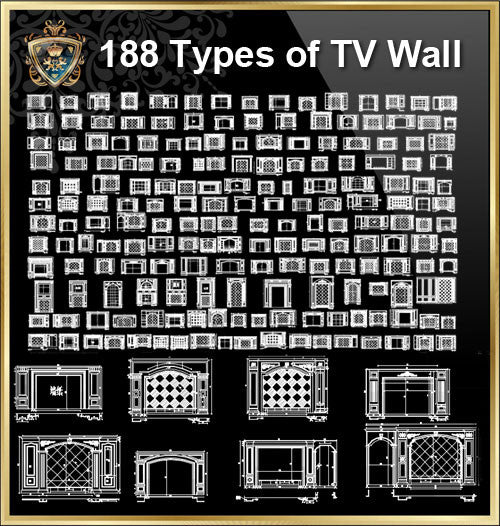 188 Types of TV Wall Design CAD Drawings-Living Room,Bedroom Design
