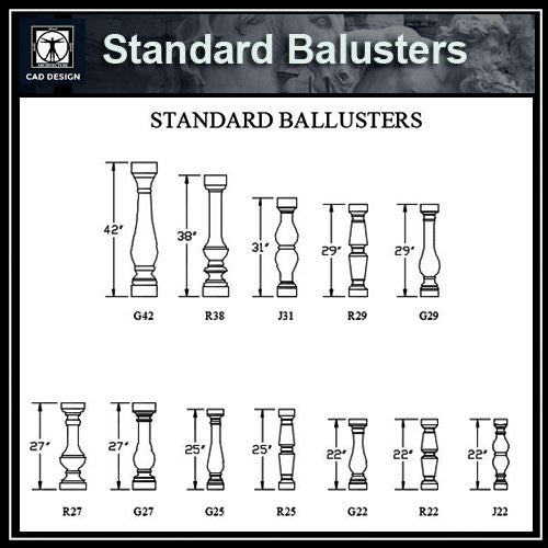 Free CAD Details-Standard Balusters - CAD Design | Download CAD Drawings | AutoCAD Blocks | AutoCAD Symbols | CAD Drawings | Architecture Details│Landscape Details | See more about AutoCAD, Cad Drawing and Architecture Details