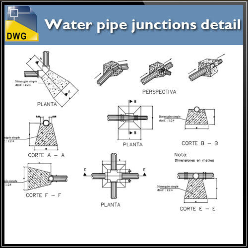 Water pipe junctions detail - CAD Design | Download CAD Drawings | AutoCAD Blocks | AutoCAD Symbols | CAD Drawings | Architecture Details│Landscape Details | See more about AutoCAD, Cad Drawing and Architecture Details