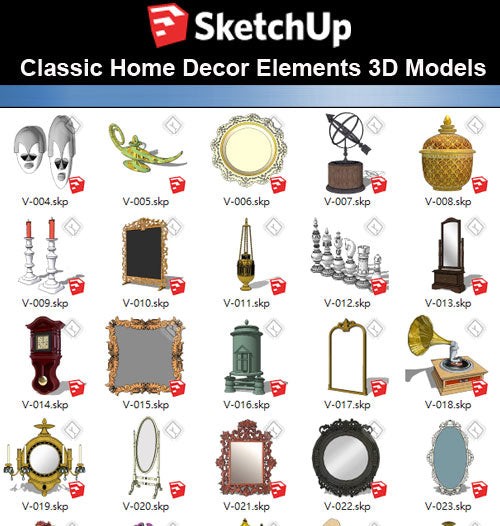 【Sketchup 3D Models】32 Types of Home Decor Elements Sketchup models V.1 - CAD Design | Download CAD Drawings | AutoCAD Blocks | AutoCAD Symbols | CAD Drawings | Architecture Details│Landscape Details | See more about AutoCAD, Cad Drawing and Architecture Details