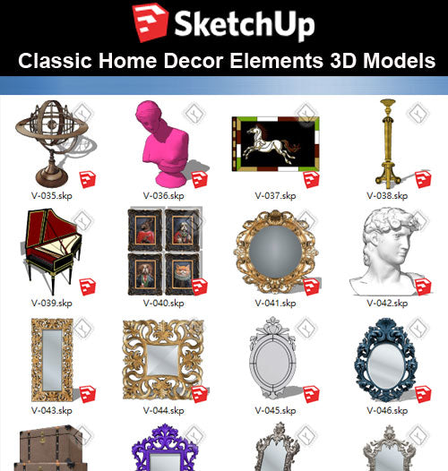 【Sketchup 3D Models】32 Types of Home Decor Elements Sketchup models V.2 - CAD Design | Download CAD Drawings | AutoCAD Blocks | AutoCAD Symbols | CAD Drawings | Architecture Details│Landscape Details | See more about AutoCAD, Cad Drawing and Architecture Details