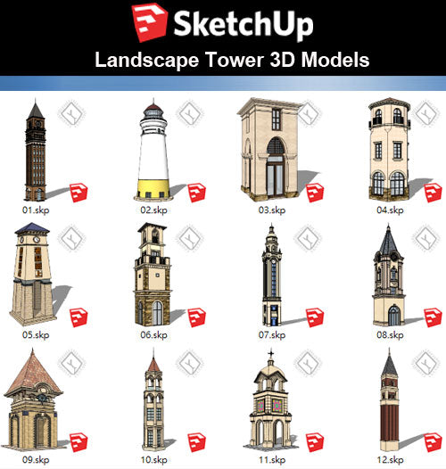 【Sketchup 3D Models】15 Types of European Tower Design 3D Models - CAD Design | Download CAD Drawings | AutoCAD Blocks | AutoCAD Symbols | CAD Drawings | Architecture Details│Landscape Details | See more about AutoCAD, Cad Drawing and Architecture Details