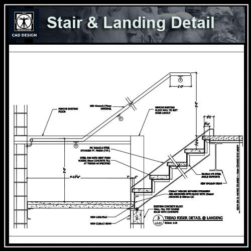 Free CAD Details-Stair @ Landing Detail - CAD Design | Download CAD Drawings | AutoCAD Blocks | AutoCAD Symbols | CAD Drawings | Architecture Details│Landscape Details | See more about AutoCAD, Cad Drawing and Architecture Details