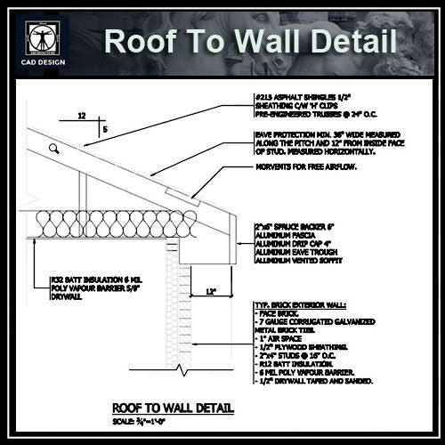 Free CAD Details-Roof To Wall Detail - CAD Design | Download CAD Drawings | AutoCAD Blocks | AutoCAD Symbols | CAD Drawings | Architecture Details│Landscape Details | See more about AutoCAD, Cad Drawing and Architecture Details