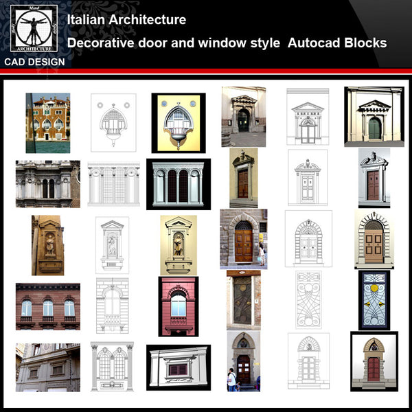 ★【 Italian Architecture Style Design】 Italian architecture · Decorative door and window style CAD Drawings - CAD Design | Download CAD Drawings | AutoCAD Blocks | AutoCAD Symbols | CAD Drawings | Architecture Details│Landscape Details | See more about AutoCAD, Cad Drawing and Architecture Details