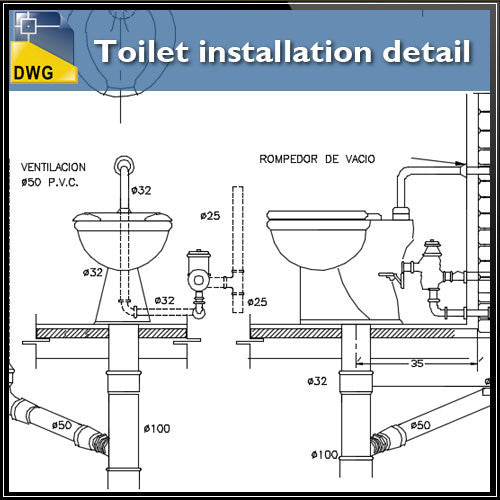 Toilet installation details - CAD Design | Download CAD Drawings | AutoCAD Blocks | AutoCAD Symbols | CAD Drawings | Architecture Details│Landscape Details | See more about AutoCAD, Cad Drawing and Architecture Details