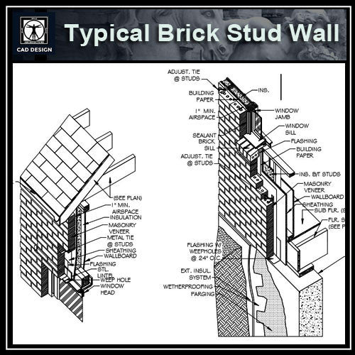 CAD Details Collection-Typical Brick Stud Wall (ISO) - CAD Design | Download CAD Drawings | AutoCAD Blocks | AutoCAD Symbols | CAD Drawings | Architecture Details│Landscape Details | See more about AutoCAD, Cad Drawing and Architecture Details