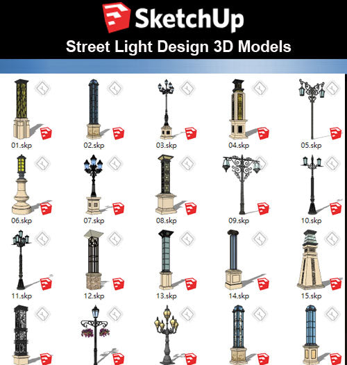 【Sketchup 3D Models】20 Types of Street Light Design 3D Models - CAD Design | Download CAD Drawings | AutoCAD Blocks | AutoCAD Symbols | CAD Drawings | Architecture Details│Landscape Details | See more about AutoCAD, Cad Drawing and Architecture Details