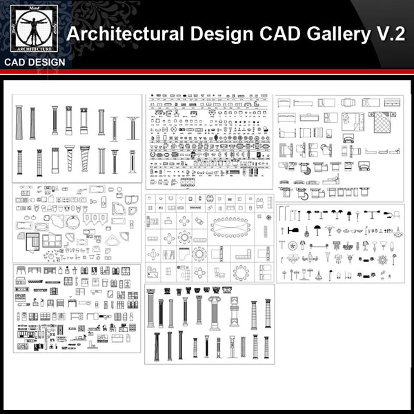 ★【Architectural Design Gallery Autocad Drawings V.2】All Decoration elements Bundle - CAD Design | Download CAD Drawings | AutoCAD Blocks | AutoCAD Symbols | CAD Drawings | Architecture Details│Landscape Details | See more about AutoCAD, Cad Drawing and Architecture Details